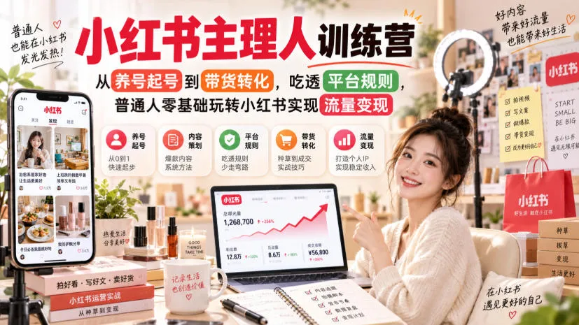 小红书主理人训练营，从养号起号到带货转化，吃透平台规则，普通人零基础玩转小红书实现流量变现-梦帆创业网
