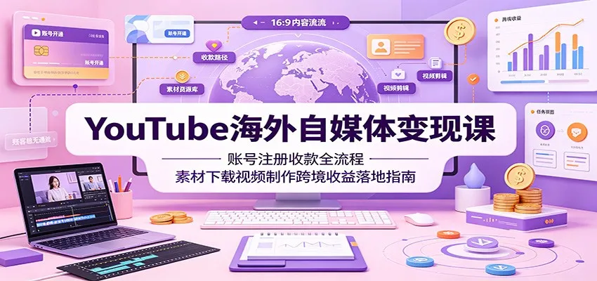 YouTube海外自媒体变现课：账号注册收款全流程，素材下载视频制作跨境收益落地指南-梦帆创业网