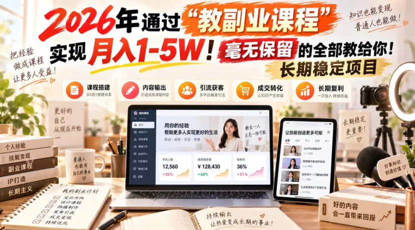 2026年通过“教副业课程”实现月入1-5W！毫无保留的全部教给你！长期稳定项目【揭秘】-梦帆创业网