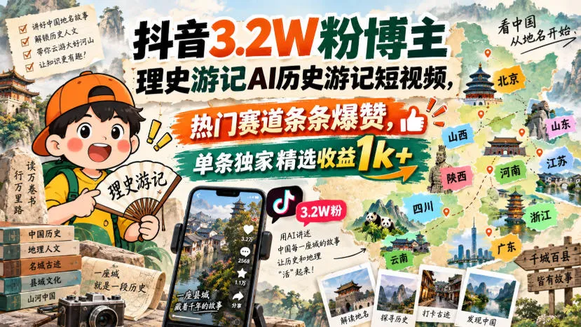 抖音3.2W粉博主理史游记AI历史游记短视频教学，热门赛道条条爆赞，单条独家精选收益1k+-梦帆创业网