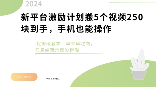 新平台激励计划搬5个视频250块到手，手机也能操作，保姆级教学-梦帆创业网