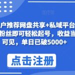 新用户推荐网盘共享+私域平台，无需粉丝即可轻松起号，收益当天可见，单日已破5000+-梦帆创业网
