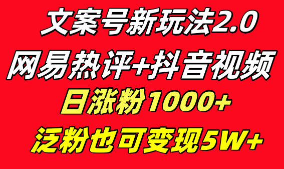 文案号新玩法 网易热评+抖音文案 一天涨粉1000+ 多种变现模式 泛粉也可变现-梦帆创业网