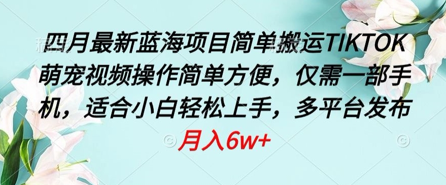 四月最新蓝海项目，简单搬运TIKTOK萌宠视频，操作简单方便，仅需一部手机-梦帆创业网