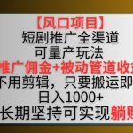 【风口项目】短剧推广全渠道最新双重收益玩法，推广佣金管道收益，不用剪辑，只要搬运即可-梦帆创业网