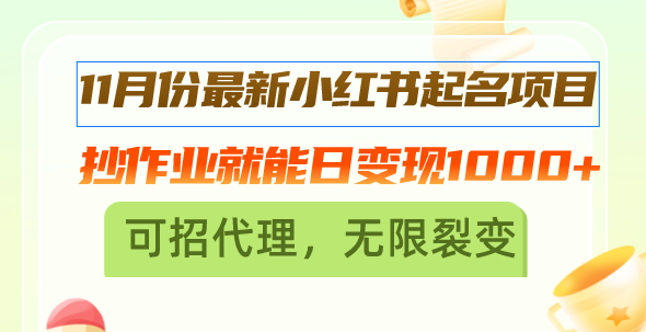 （13256期）11月份最新小红书起名项目，抄作业就能日变现1000+，可招代理，无限裂变-梦帆创业网