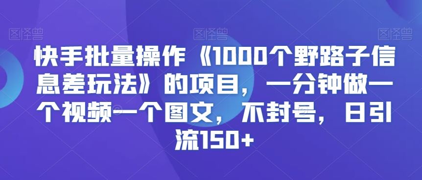 快手批量操作《1000个野路子信息差玩法》的项目，一分钟做一个视频一个图文，不封号，日引流150+【揭秘】-梦帆创业网