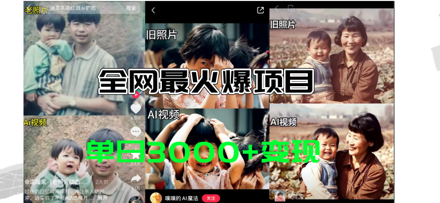 全网爆火的AI让老照片动起来教程，蹭热点日赚3000+，内含免费工具一键生成-梦帆创业网