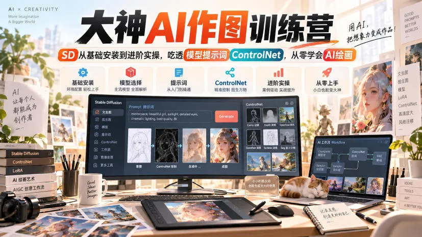 大神AI作图训练营,SD从基础安装到进阶实操,吃透模型提示词ControlNet,从零学会AI绘画 大神AI作图训练营,SD从基础安装到进阶实操,吃透模型提示词ControlNet,从零学会AI绘画