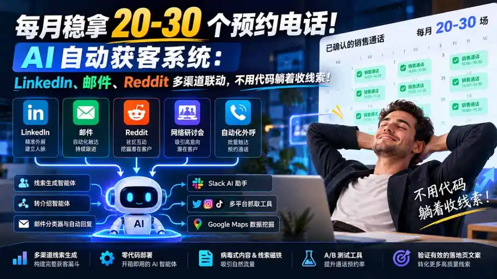 每月稳拿 20-30 个预约电话！AI 自动获客系统：LinkedIn、邮件、Reddit 多渠道联动，不用代码躺着收线索！-梦帆创业网