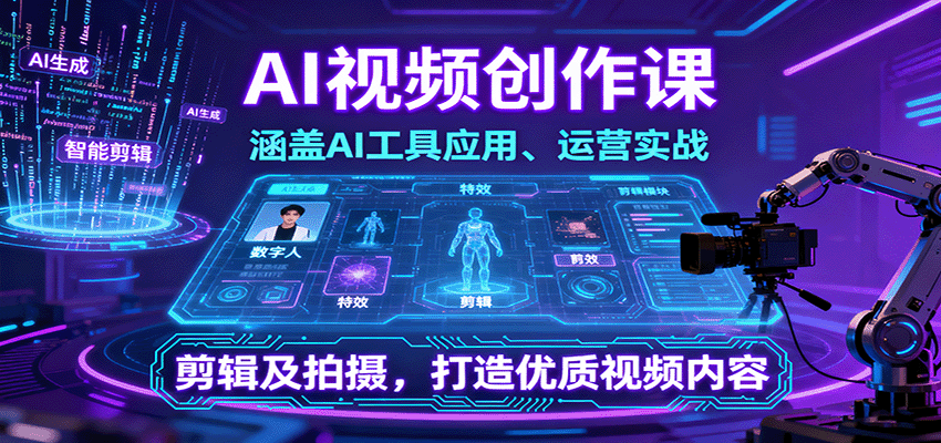 AI视频创作课，涵盖AI工具应用、运营实战、剪辑及拍摄，打造优质视频内容-梦帆创业网