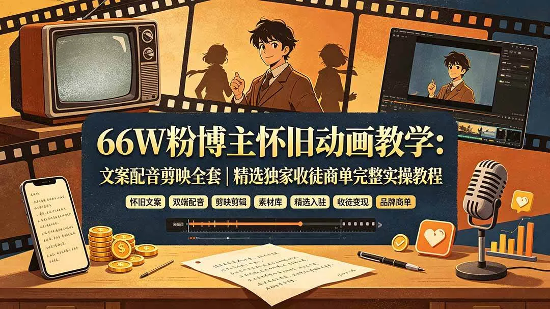 （19499期）66W粉博主怀旧动画教学：文案配音剪映全套｜精选独家收徒商单完整实操教程-梦帆创业网