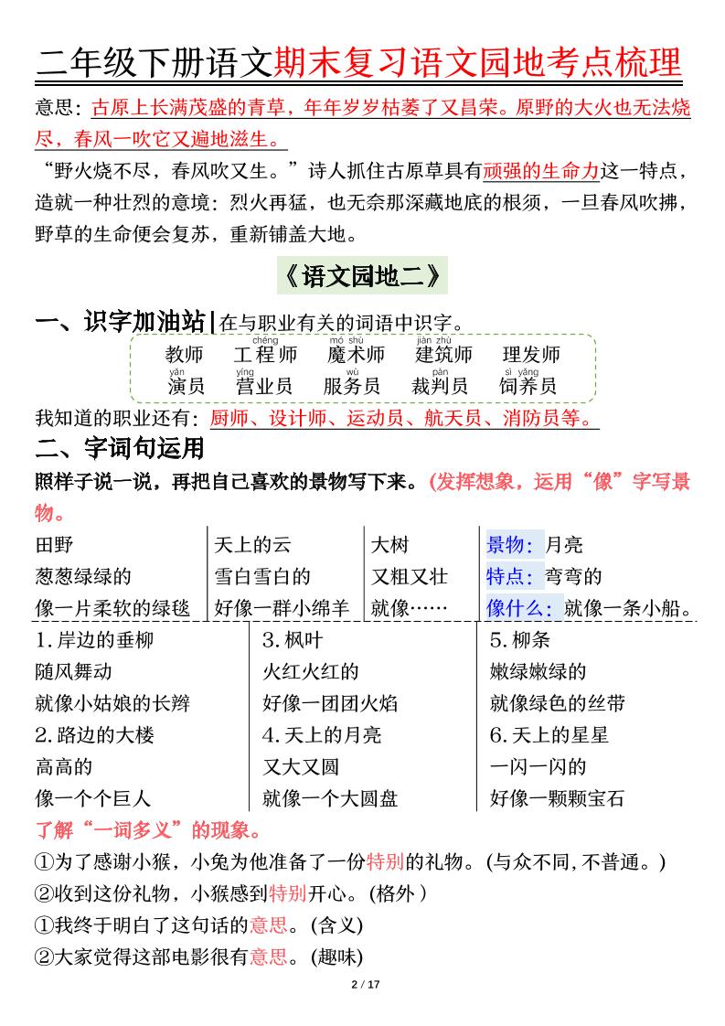 【语文园地考点梳理】二下语文-梦帆创业网