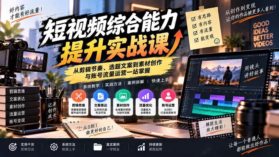 (20599期)短视频综合能力提升实战课:从剪辑节奏、选题文案到素材创作与账号流量运营一站掌握 (20599期)短视频综合能力提升实战课:从剪辑节奏、选题文案到素材创作与账号流量运营一站掌握