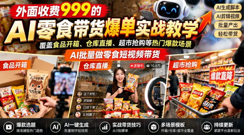 外面收费999的AI零食带货爆单实战教学，覆盖食品开箱、仓库直播、超市抢购等热门爆款场景，AI批量做零食短视频带货-梦帆创业网