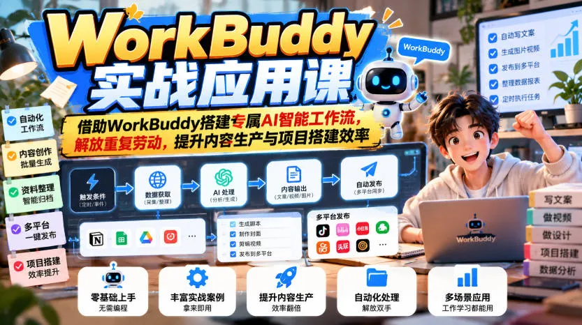 WorkBuddy实战应用课，借助WorkBuddy搭建专属AI智能工作流，解放重复劳动，提升内容生产与项目搭建效率-梦帆创业网