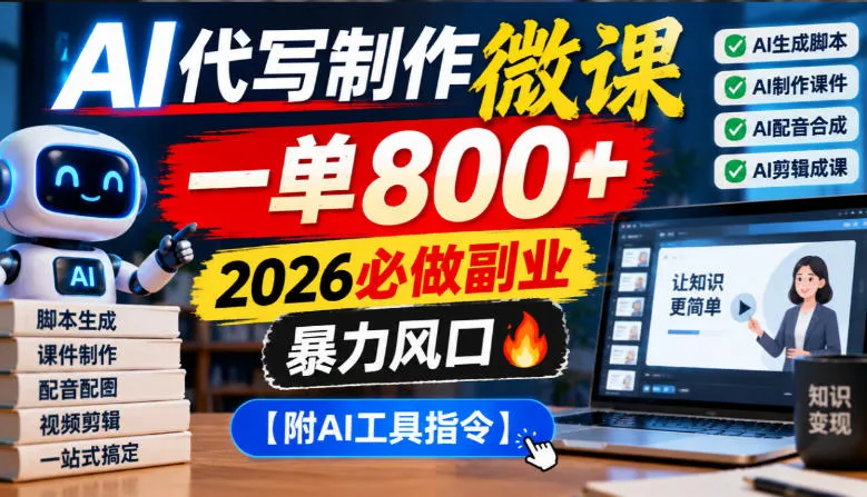 AI代写制作微课，一单800+，2026必做副业，暴力风口【附AI工具指令】【揭秘】-梦帆创业网
