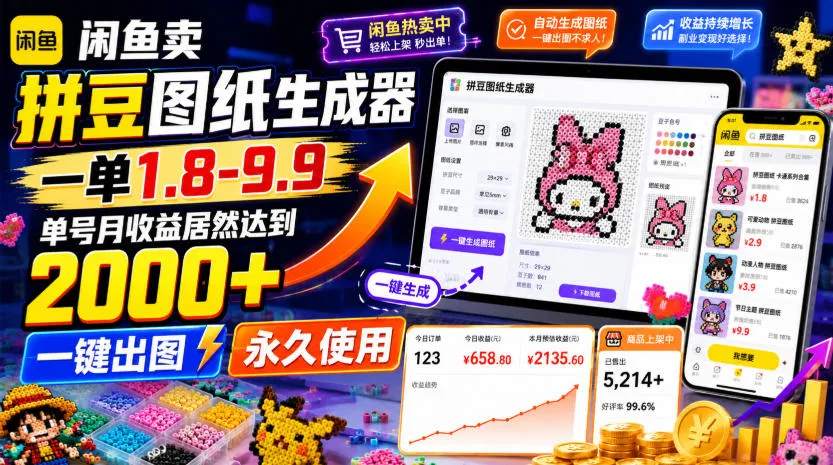 闲鱼卖拼豆图纸生成器，一单1.8-9.9，单号月收益居然达到2000+一键出图永久使用-梦帆创业网