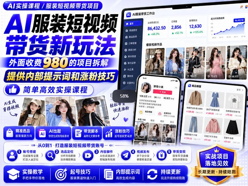 外面收费980AI快手带货系统课程，内部课程首次外放，操作简单高效，一分钟一条爆款视频-梦帆创业网
