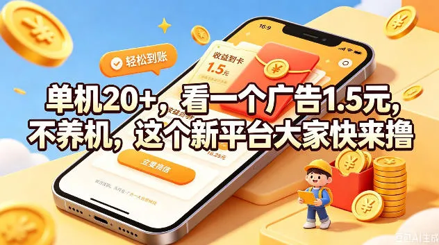 单机20+，看一个广告1.5米，不养机，这个新平台大家快来撸【揭秘】-梦帆创业网