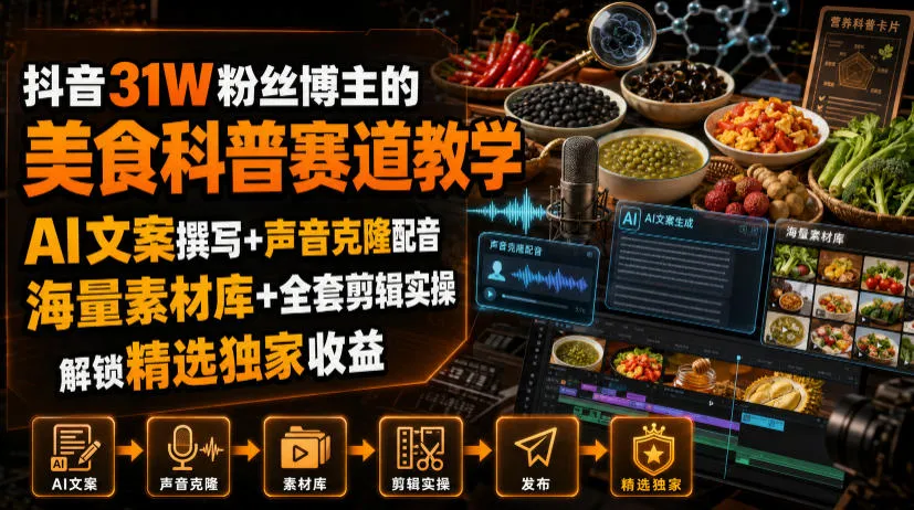 抖音31W粉丝博主的美食科普赛道教学，AI文案撰写+声音克隆配音+剪辑实操，解锁精选独家收益-梦帆创业网