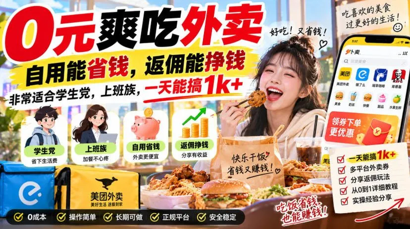 0元爽吃外卖，自用能省钱，返佣能挣钱，非常适合学生党，上班族，一天能搞1k+-梦帆创业网
