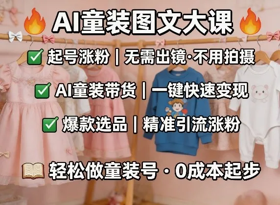 AI童装图文剪辑，某社群童装图文大课，起号涨粉、AI童装带货、爆款选品，无需出镜和拍摄-梦帆创业网