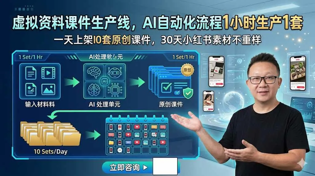 （19091期）虚拟资料课件生产线，AI自动化流程1小时生产1套，一天上架10套原创课件，30天小红书素材不重样-梦帆创业网