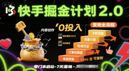 快手掘金计划2.0，快手电商变现全流程，简单可复制，0投入-梦帆创业网