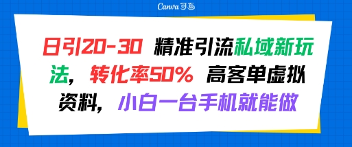 日引 20-30 精准引流私域新玩法，转化率50% 高客单虚拟资料，小白一台手机就能做-梦帆创业网