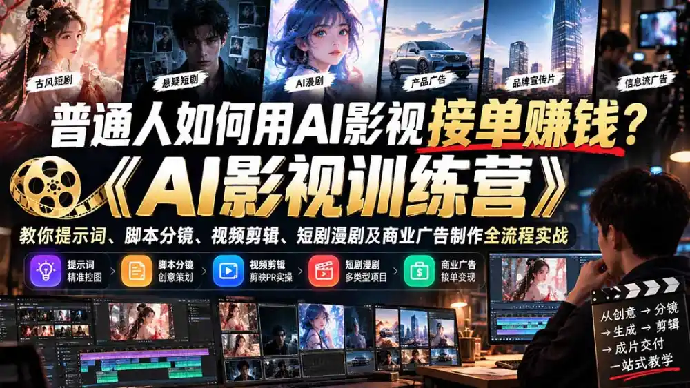 普通人如何用AI影视接单赚钱？《AI影视训练营》教你提示词、脚本分镜、视频剪辑、短剧漫剧及商业广告制作全流程实战-梦帆创业网