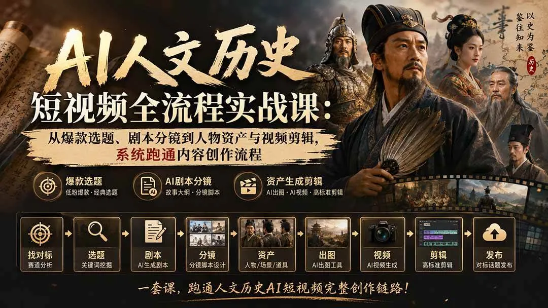（20476期）AI人文历史短视频全流程实战课-更新：从爆款选题、剧本分镜到人物资产与视频剪辑，系统跑通内容创作流程-梦帆创业网