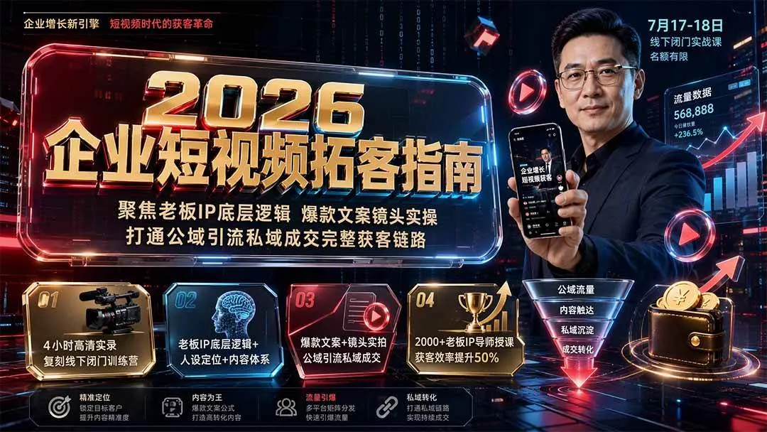 (19667期)2026企业短视频拓客指南:聚焦老板IP底层逻辑,爆款文案镜头实操,打通公域引流私域成交完整获客链路 (19667期)2026企业短视频拓客指南:聚焦老板IP底层逻辑,爆款文案镜头实操,打通公域引流私域成交完整获客链路