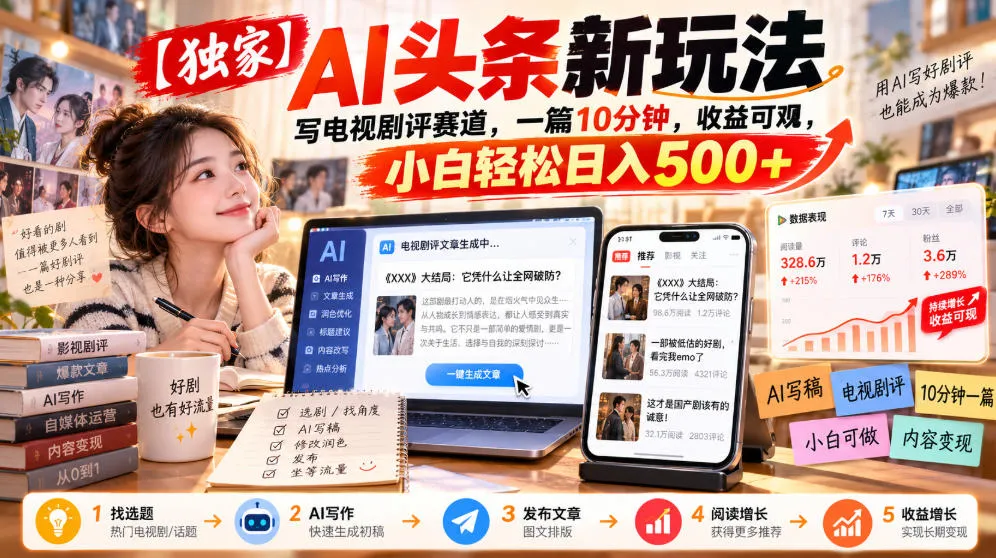 【独家】AI头条新玩法，写电视剧评赛道，一篇10分钟，收益可观，小白轻松日入500+-梦帆创业网