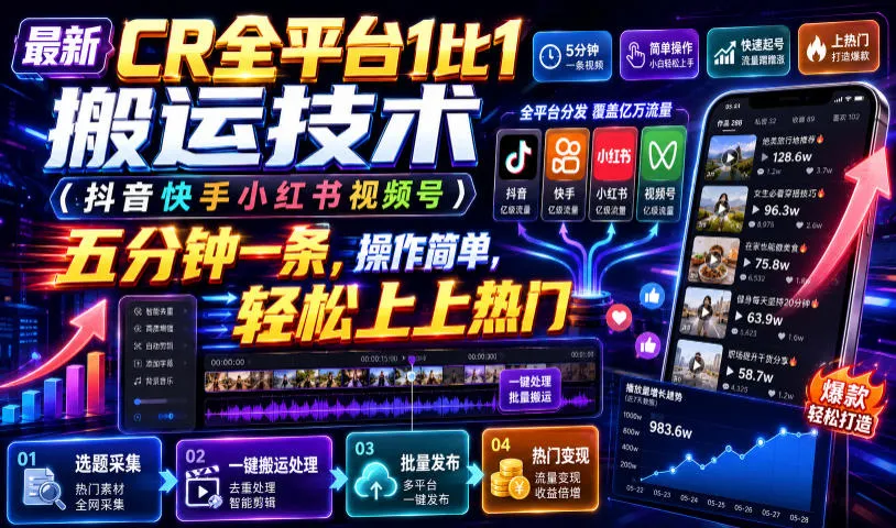 最新CR全平台1比1搬运技术（抖音快手小红书视频号）五分钟分钟一条，操作简单，轻松上热门（教程+软件+参数）-梦帆创业网