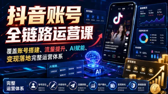 抖音账号全链路运营课，覆盖账号搭建、流量提升、AI赋能、变现落地完整运营体系-梦帆创业网