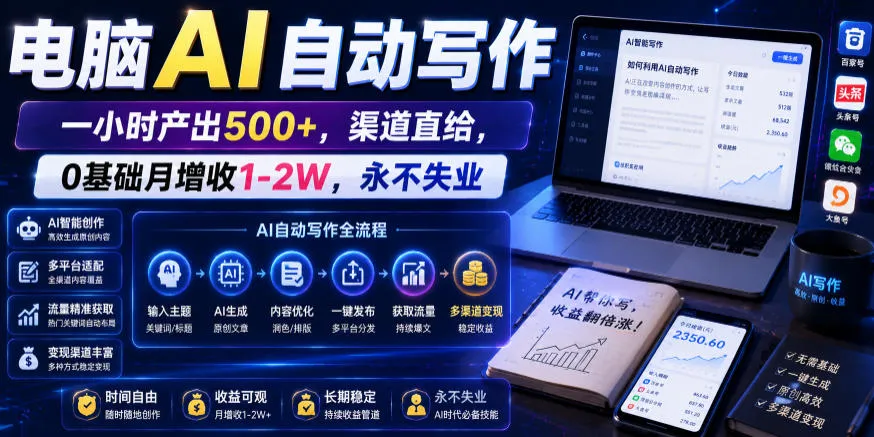 电脑AI自动写作，一小时产出500+，渠道直给，0基础月增收1-2W，永不失业【揭秘】-梦帆创业网