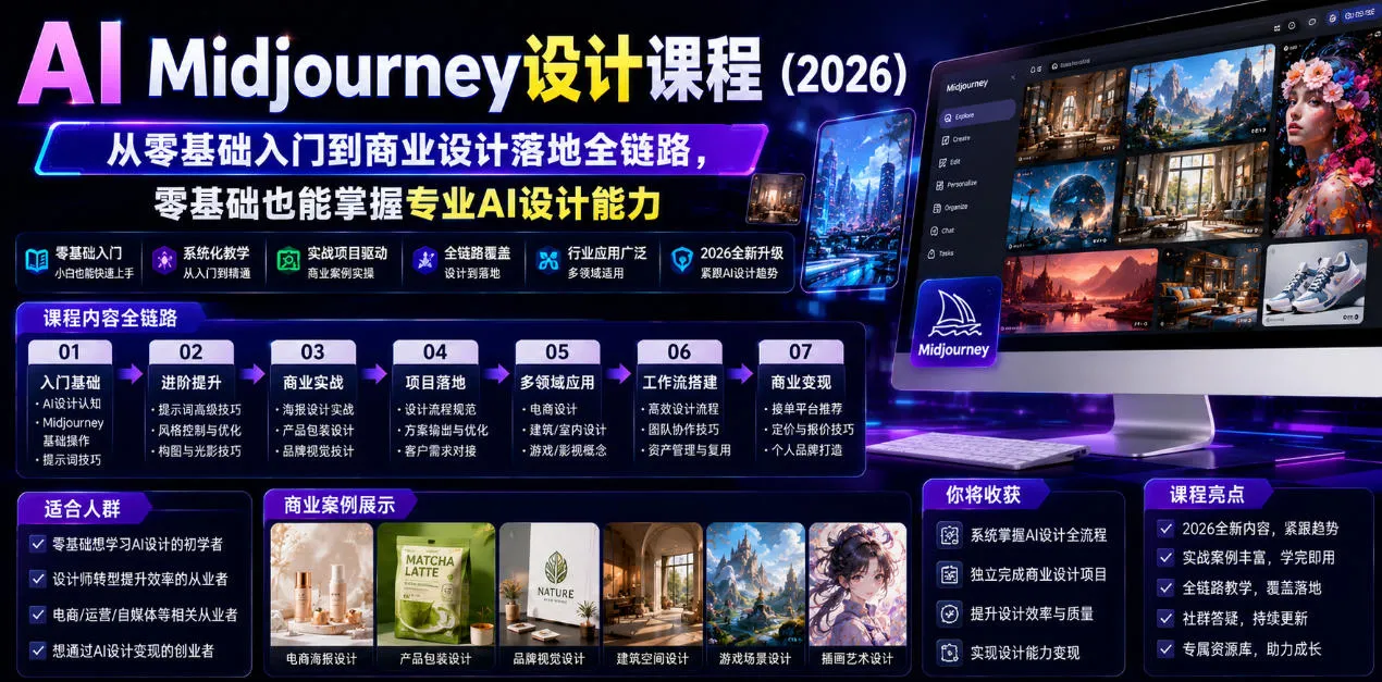 AI Midjourney设计课程（2026），从零基础入门到商业设计落地全链路，零基础也能掌握专业AI设计能力-梦帆创业网