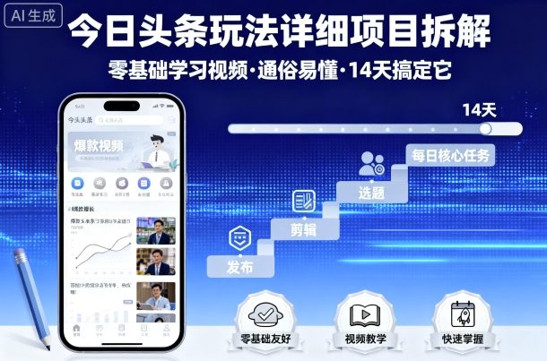 今日头条玩法详细项目拆解，零基础学习视频 通俗易懂 14天搞定它-梦帆创业网