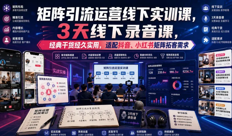嗨推矩阵引流运营线下实训课，3天线下录音课，经典干货经久实用，适配抖音、小红书矩阵拓客需求-梦帆创业网