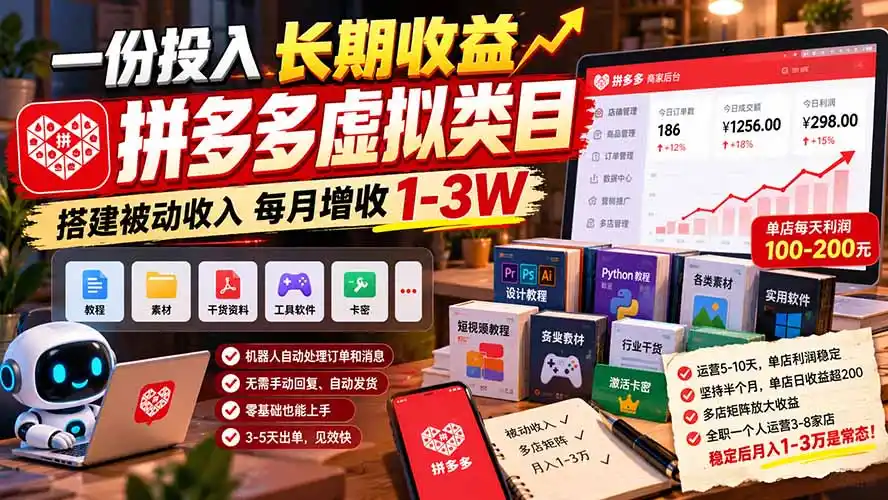 一份投入长期收益，拼多多虚拟类目，搭建被动收入每月增收 1-3W-梦帆创业网