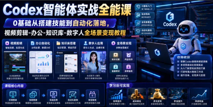 Codex智能体实战全能课｜0基础从搭建技能到自动化落地，视频剪辑-办公-知识库-数字人全场景变现教程-梦帆创业网