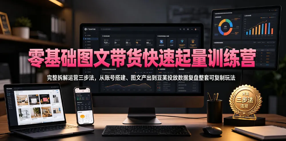 零基础图文带货快速起量训练营，完整拆解运营三步法，从账号搭建、图文产出到豆荚投放数据复盘整套可复制玩法-梦帆创业网
