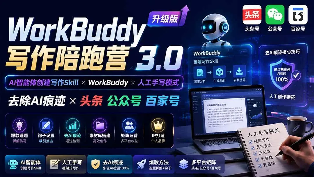 （20311期）WorkBuddy写作陪跑营3.0-更新：Ai智能体创建写作Skill×WorkBuddy×人工手写模式×去除AI痕迹×头条公众号百家号-梦帆创业网