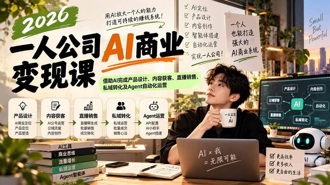 （20901期）2026一人公司AI商业变现课：借助AI完成产品设计、内容获客、直播销售、私域转化及Agent自动化运营-梦帆创业网