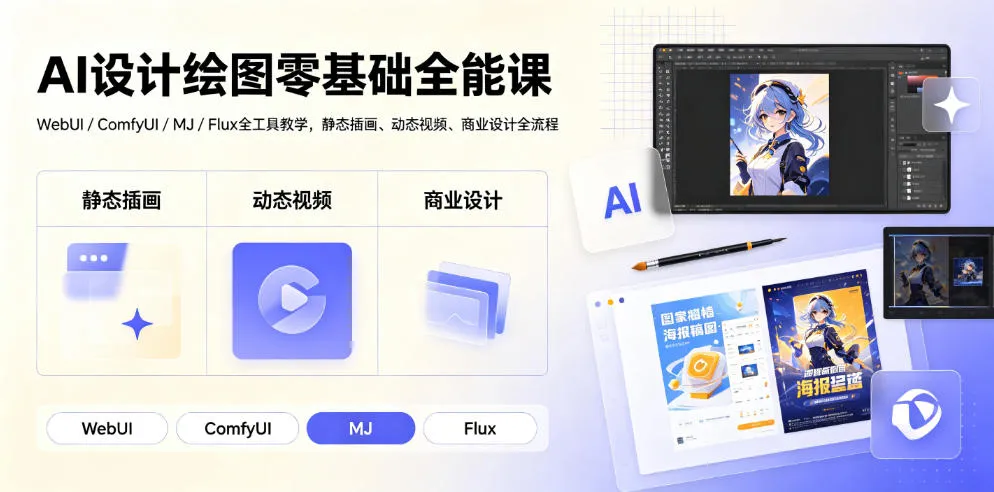 AI设计绘图零基础全能课｜WebUI/ComfyUI/MJ/Flux全工具教学，静态插画、动态视频、商业设计全流程-梦帆创业网