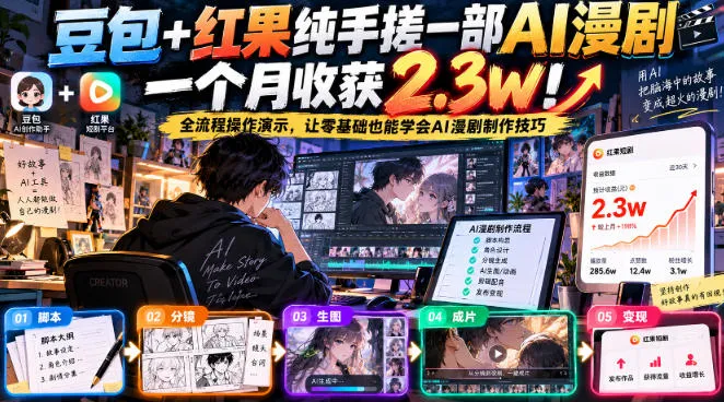 豆包+红果纯手搓一部AI漫剧一个月收获2.3w！全流程操作演示，让零基础也能学会AI漫剧制作技巧-梦帆创业网
