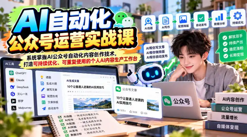AI自动化公众号运营实战课,系统掌握AI公众号自动化内容创作技术,打造可持续优化、可重复使用的个人AI内容生产工作台