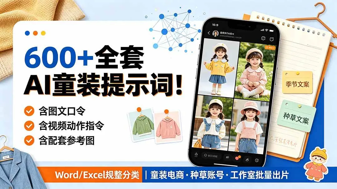 （19302期）600+全套AI童装提示词！含图文口令+视频动作指令+配套参考图，Word/Excel规整分类，童装电商、种草无脑量产内容-梦帆创业网