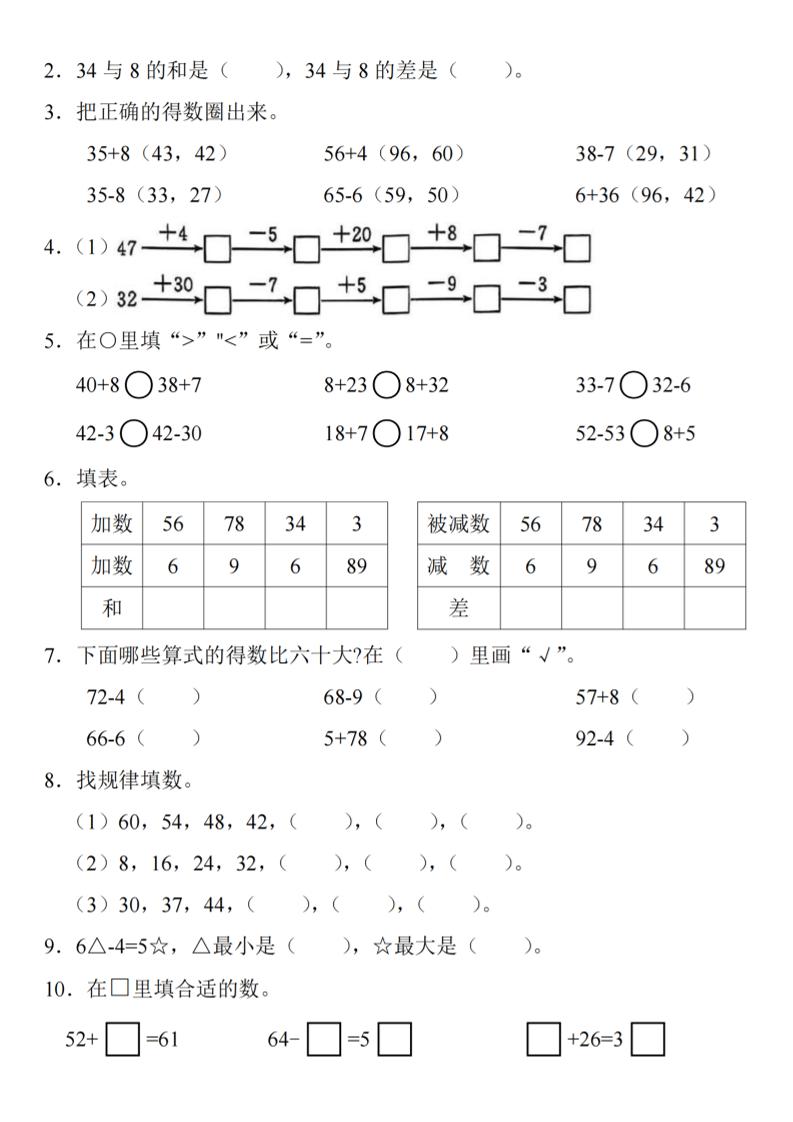 2025春一年级下册数学期中复习-梦帆创业网